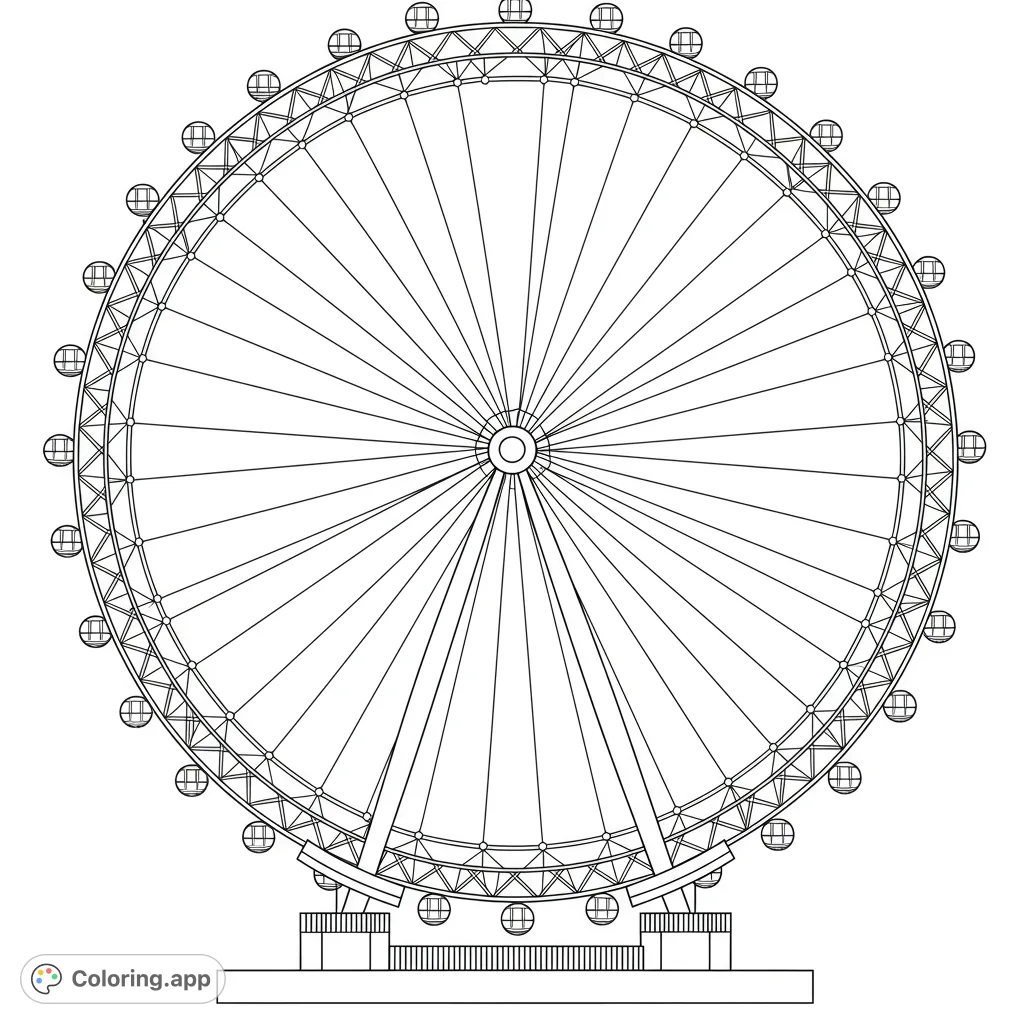 Color a detailed Ferris wheel, a free printable landmark coloring page. Perfect for all ages to explore intricate engineering and iconic city views.