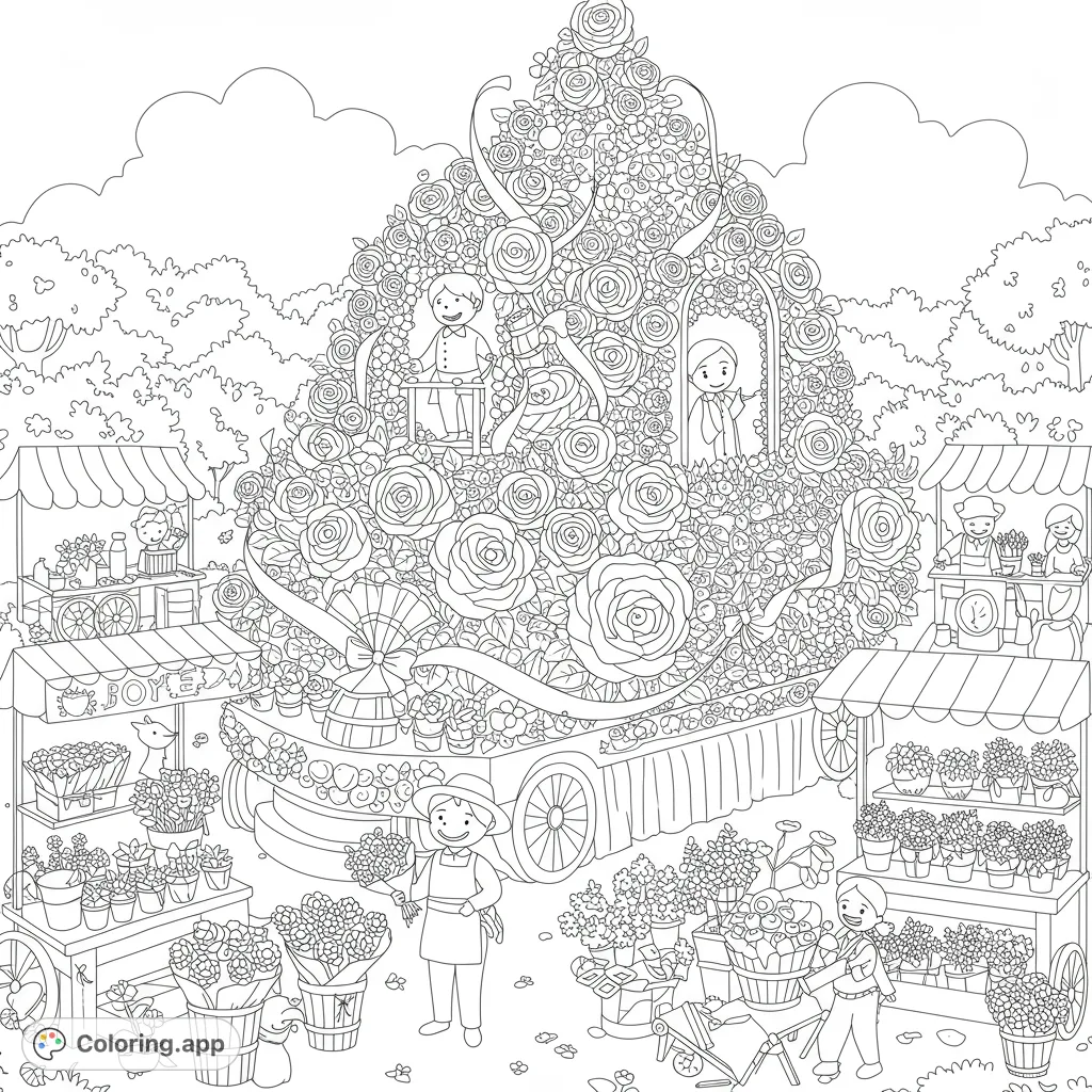 A grand flower parade scene featuring a massive rose-covered float, bustling flower market stalls, and cheerful vendors. Perfect for spring and nature lovers.
