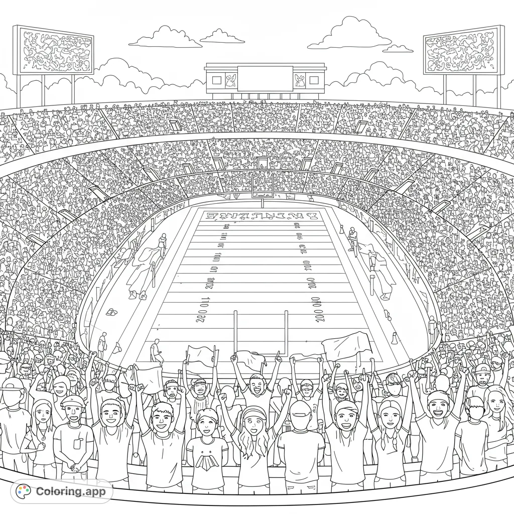 Dynamic football stadium coloring page with cheering fans, a detailed field, and grandstands. Perfect for sports enthusiasts of all ages.