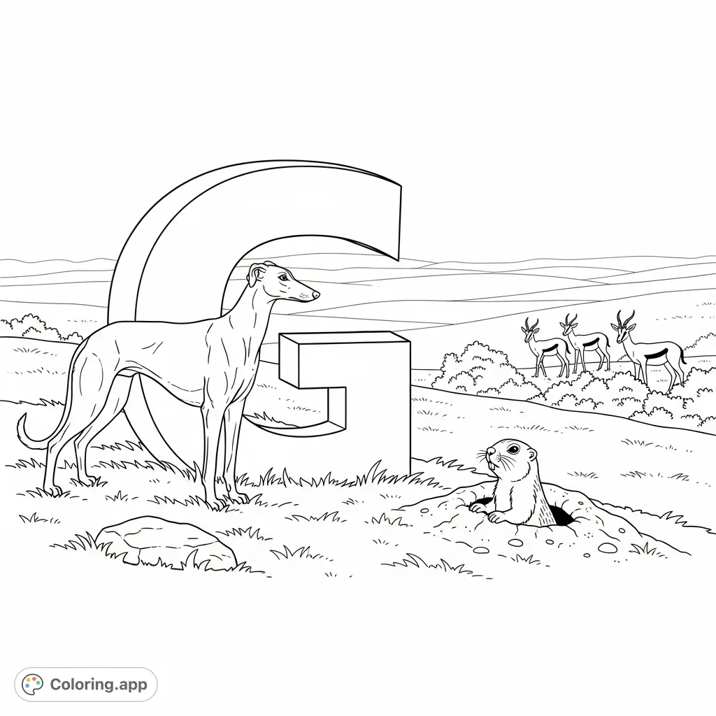 Discover the letter G with a majestic capital G, an elegant greyhound, a curious gopher, and graceful gazelles in an expansive grassland.