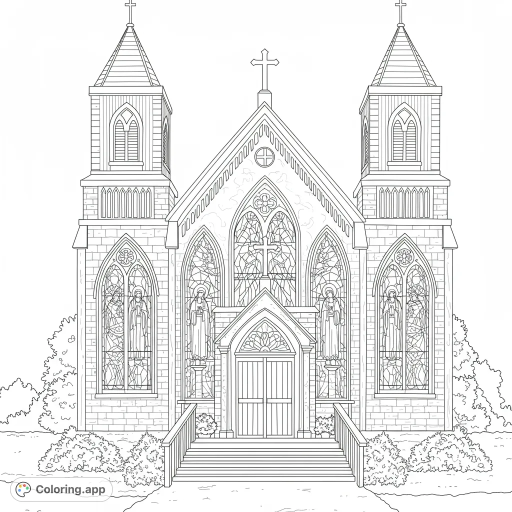 An intricately detailed church coloring page featuring Gothic architecture, stunning stained-glass windows, and twin spires, perfect for mindful coloring.