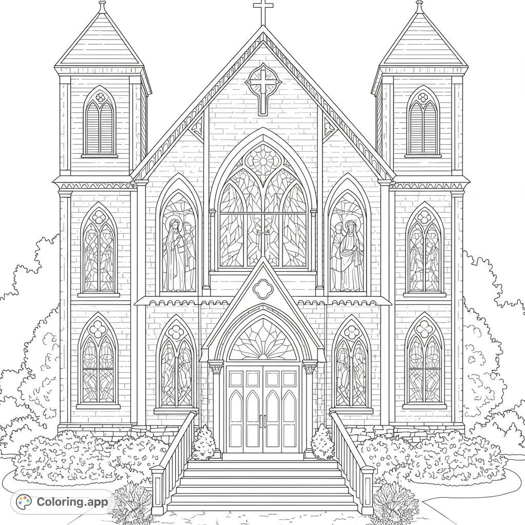 A majestic church coloring page featuring intricate Gothic architecture, detailed stained-glass windows, and lush surrounding foliage. Perfect for all ages!