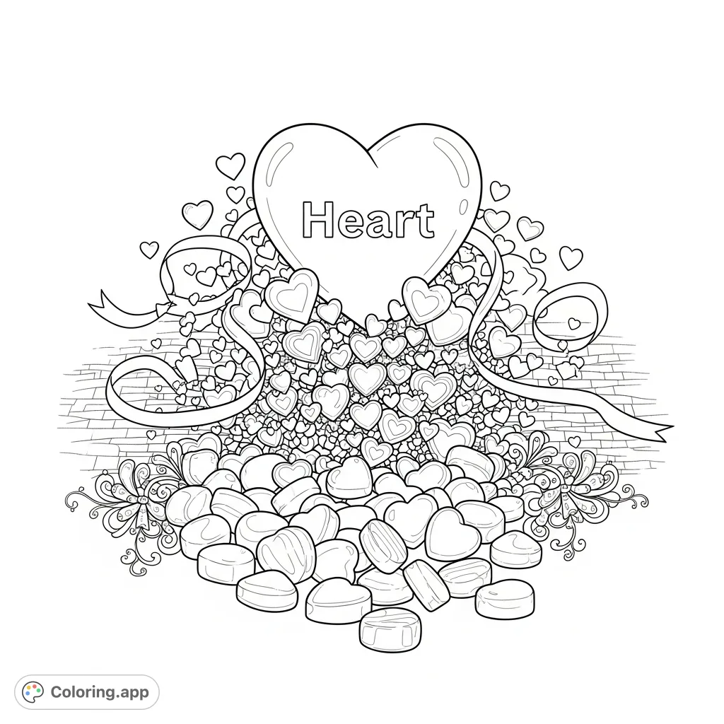 A beautiful coloring page featuring a grand heart labeled 'Heart,' surrounded by a cascade of tiny hearts, elegant ribbons, and intricate floral accents.