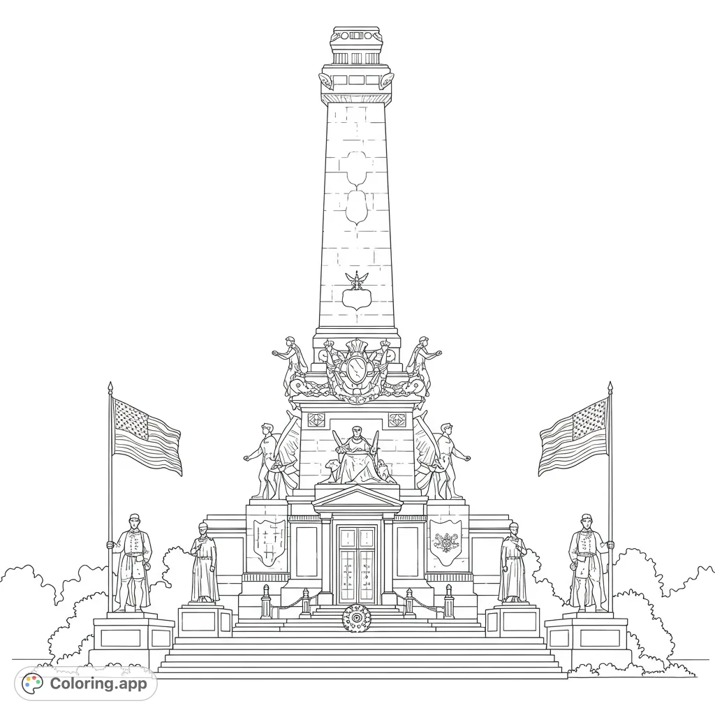 A majestic monument featuring a tall obelisk, allegorical figures, and waving American flags. A detailed historical scene for patriotic coloring.
