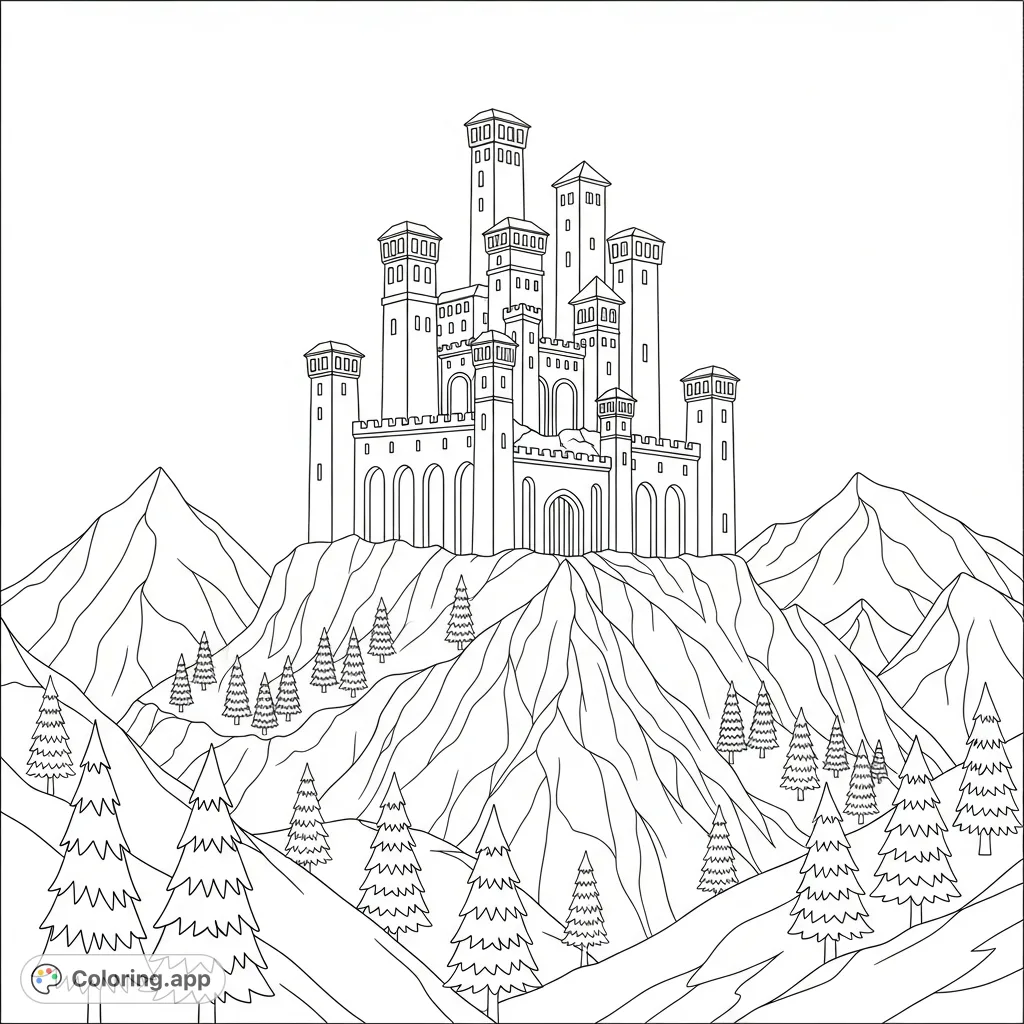 A detailed coloring page featuring a grand mountain fortress with high walls, lookout towers, and a strong main gate, surrounded by simplified pine trees and rugged peaks.
