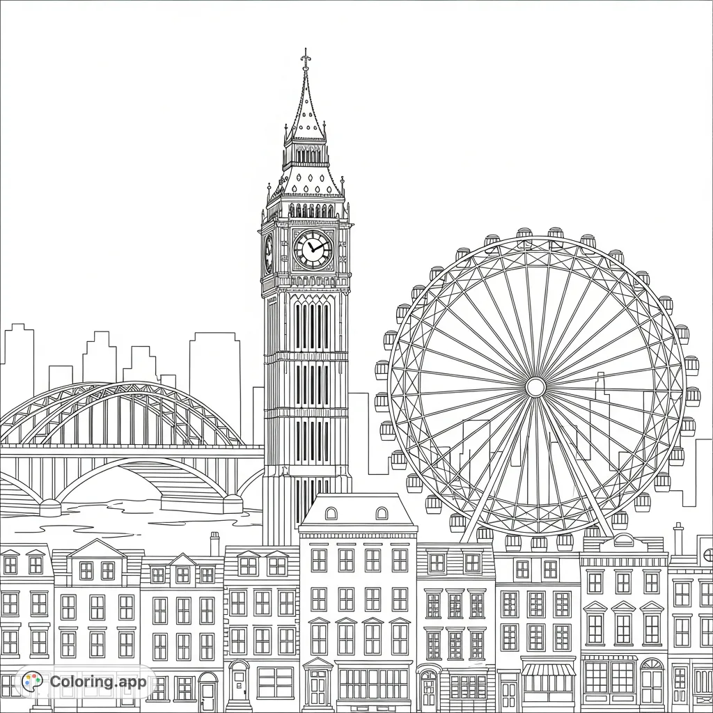 An expansive panoramic cityscape featuring a detailed clock tower, elegant bridge, towering ferris wheel, and classic row houses for an engaging coloring experience.