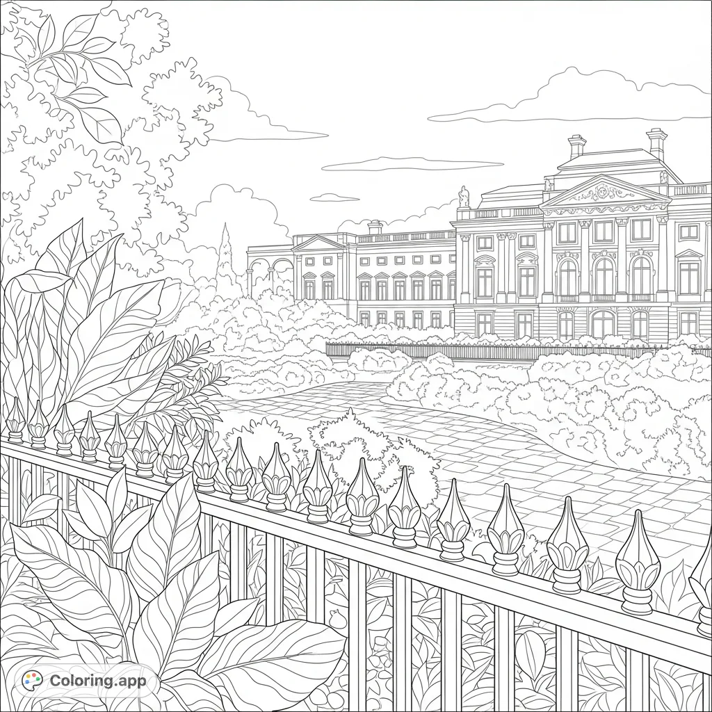 A beautiful park vista featuring intricate iron fencing, a winding path through lush foliage, and distant, majestic palace architecture under a serene sky.