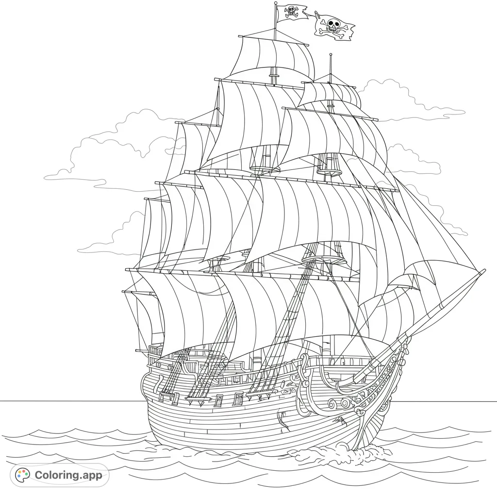 Embark on a high-seas adventure! A detailed pirate ship with billowing sails and Jolly Roger flags sails on wavy waters, ready for your vibrant colors.