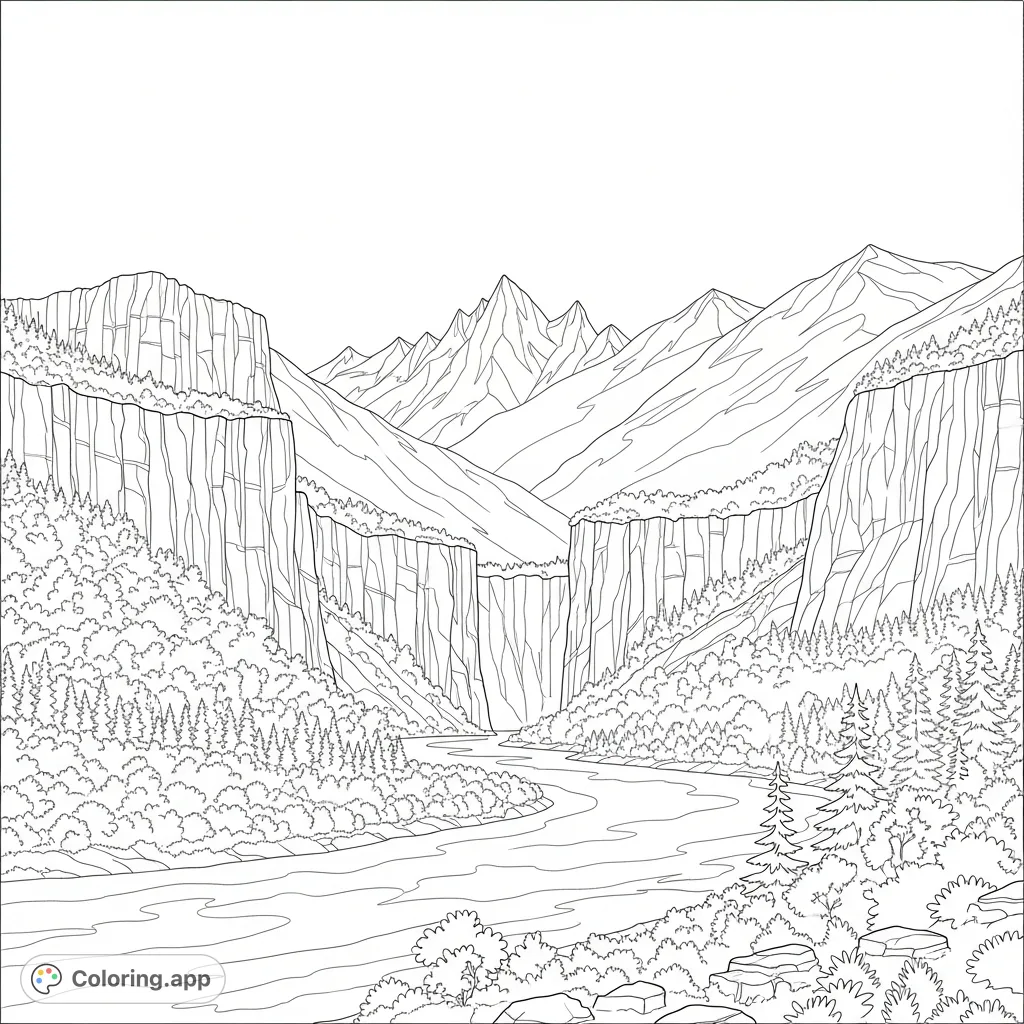 Explore a majestic, multi-layered coloring page featuring a winding river, dense forests, rugged cliffs, and towering mountain peaks for an immersive escape.