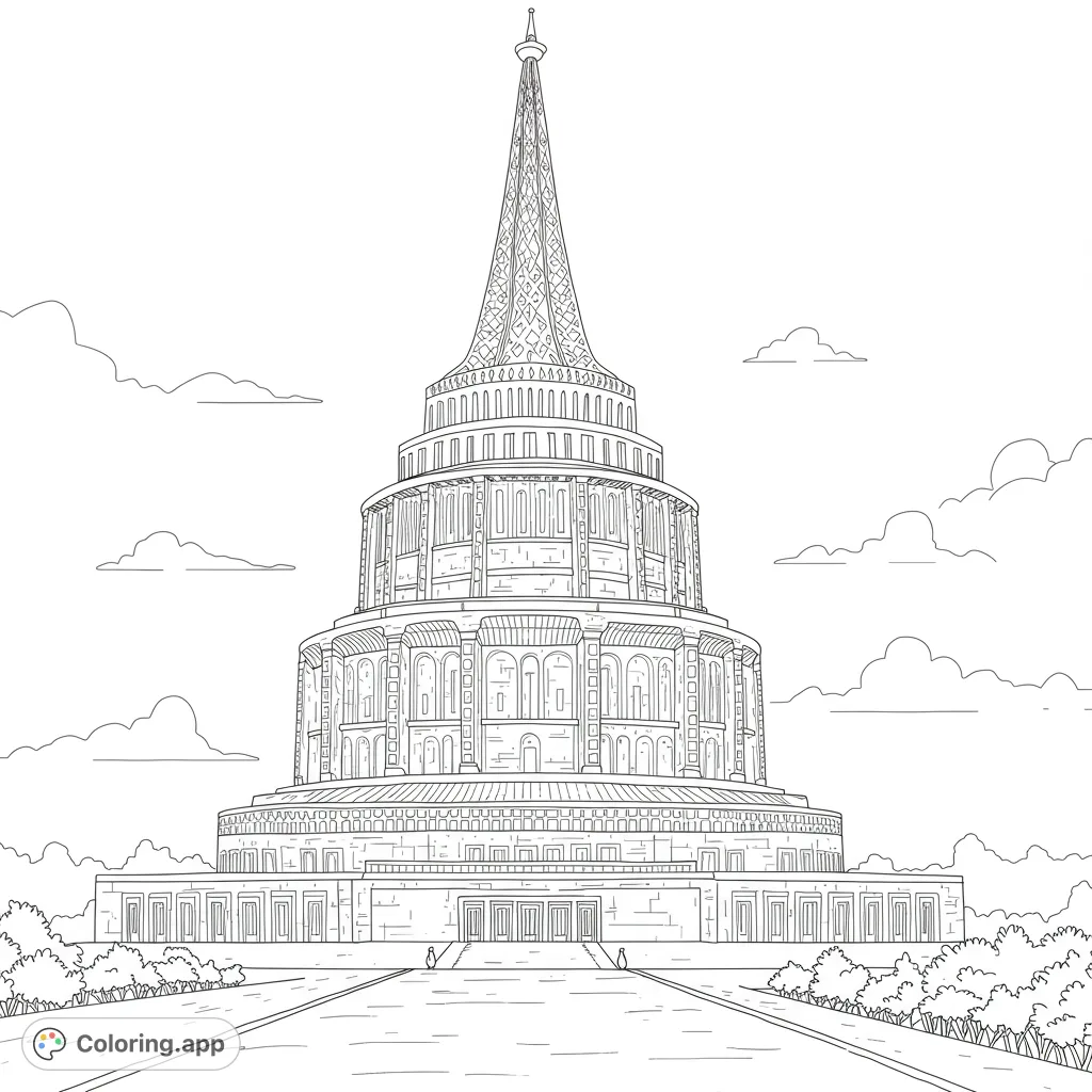 Color a majestic, multi-tiered monument with an ornate spire, intricate details, and a grand pathway. A free printable architectural coloring page.