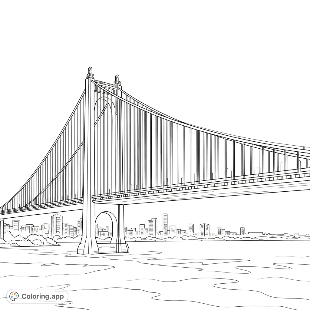 Color a majestic suspension bridge spanning a wide river, with iconic cables and a subtle distant city skyline. A balanced and engaging design.