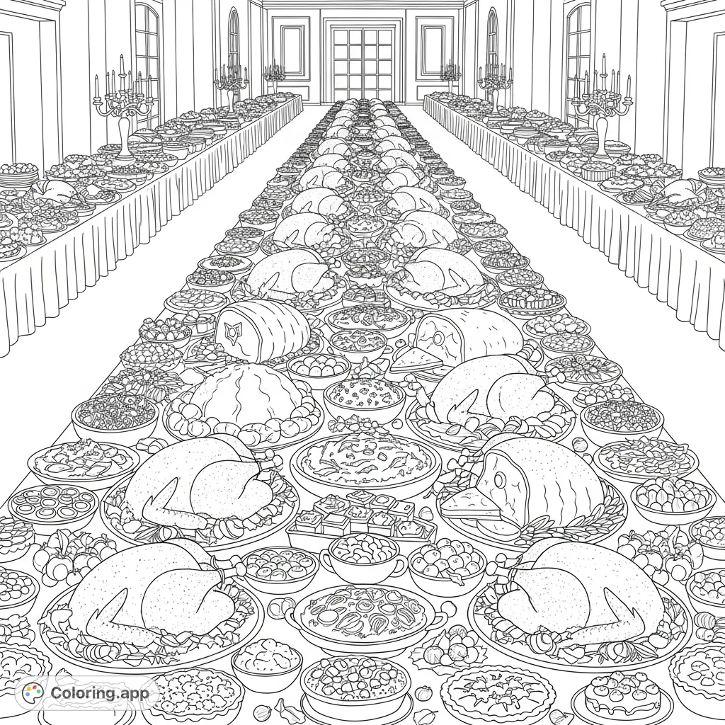 A magnificent Thanksgiving banquet table coloring page, overflowing with roasted turkeys, hams, and countless festive dishes in a grand hall setting.