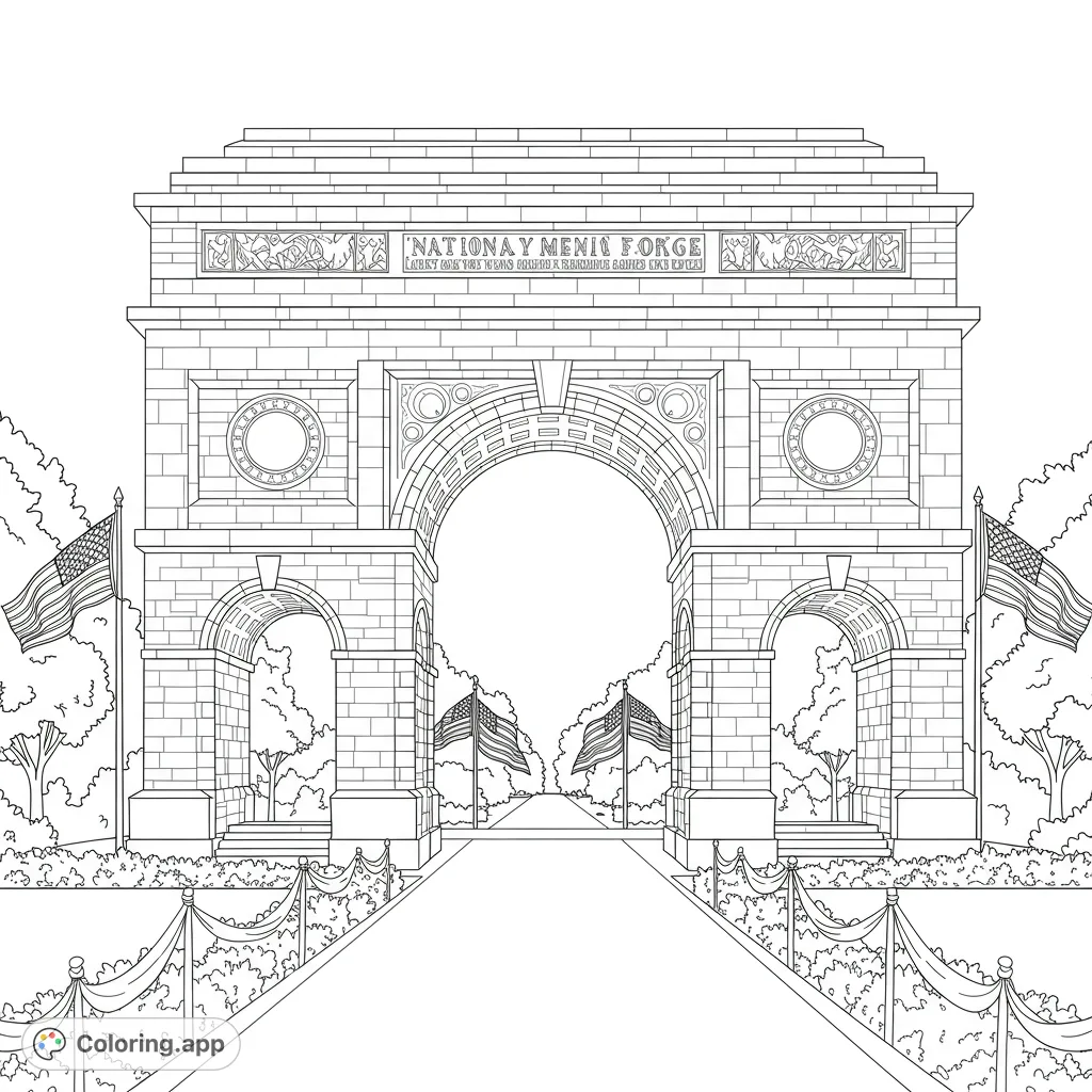 A majestic triumphal arch stands tall, flanked by American flags and lush foliage, inviting patriotic coloring fun.