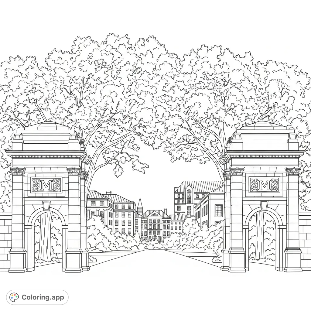 Step into a world of academia with this intricate university archway coloring page, featuring a majestic stone entrance, tree-lined avenue, and distant buildings.