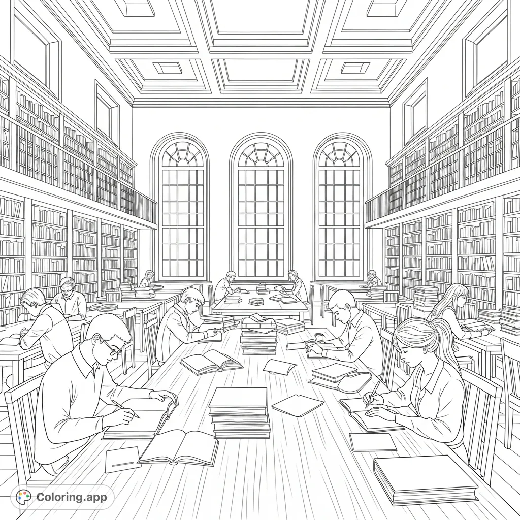 Immerse yourself in the serene ambiance of a grand university library reading room, complete with arched windows, towering bookshelves, and diligent students.