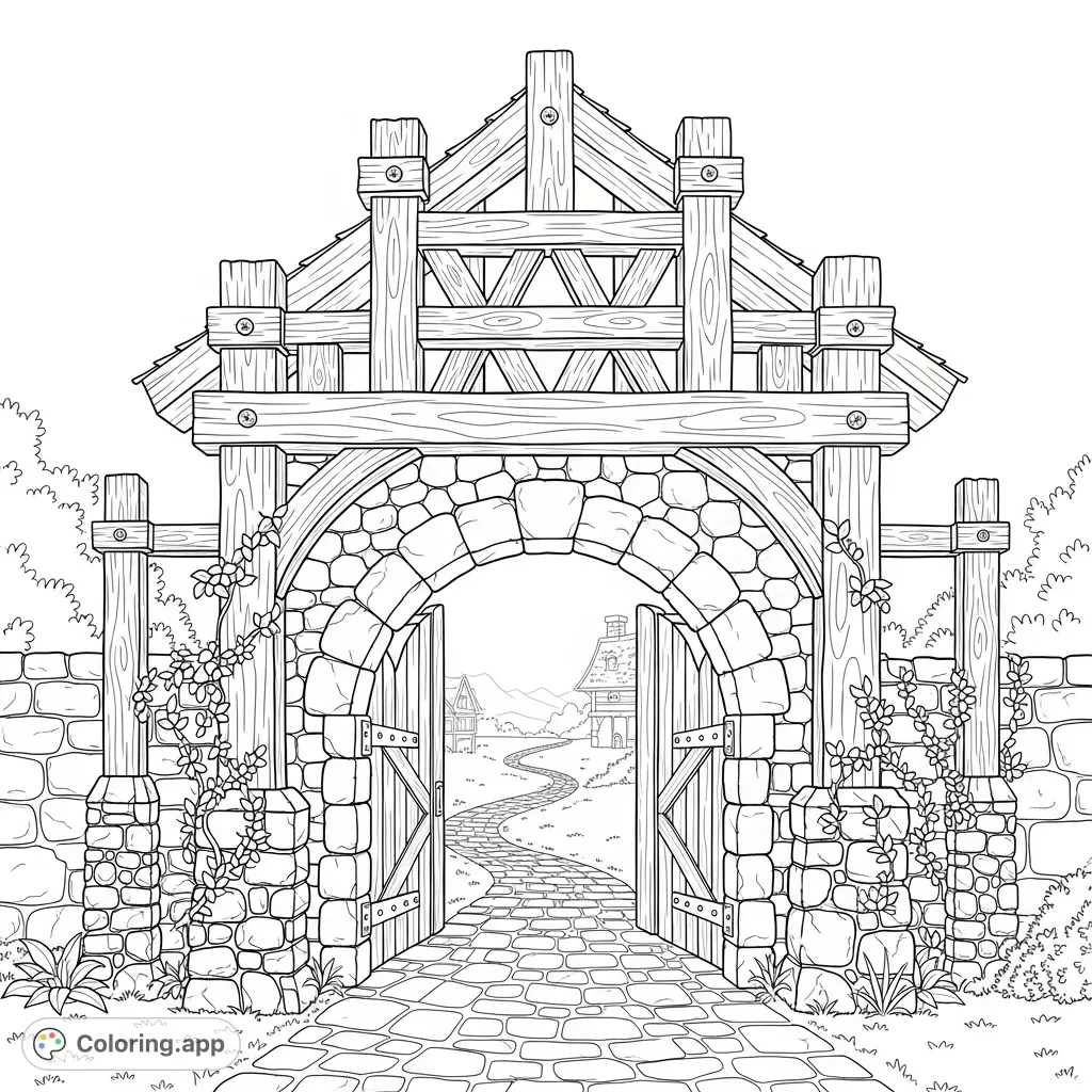 A detailed coloring page featuring a majestic village gate with intricate timber beams and rugged stone arches, framing a path leading into a hidden village.