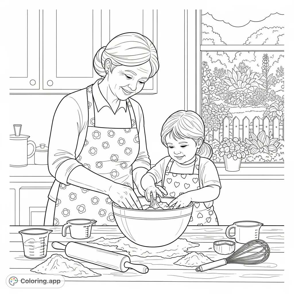 A heartwarming baking scene featuring a grandmother and grandchild mixing ingredients in a kitchen, with flour and tools scattered around. A lovely family moment.
