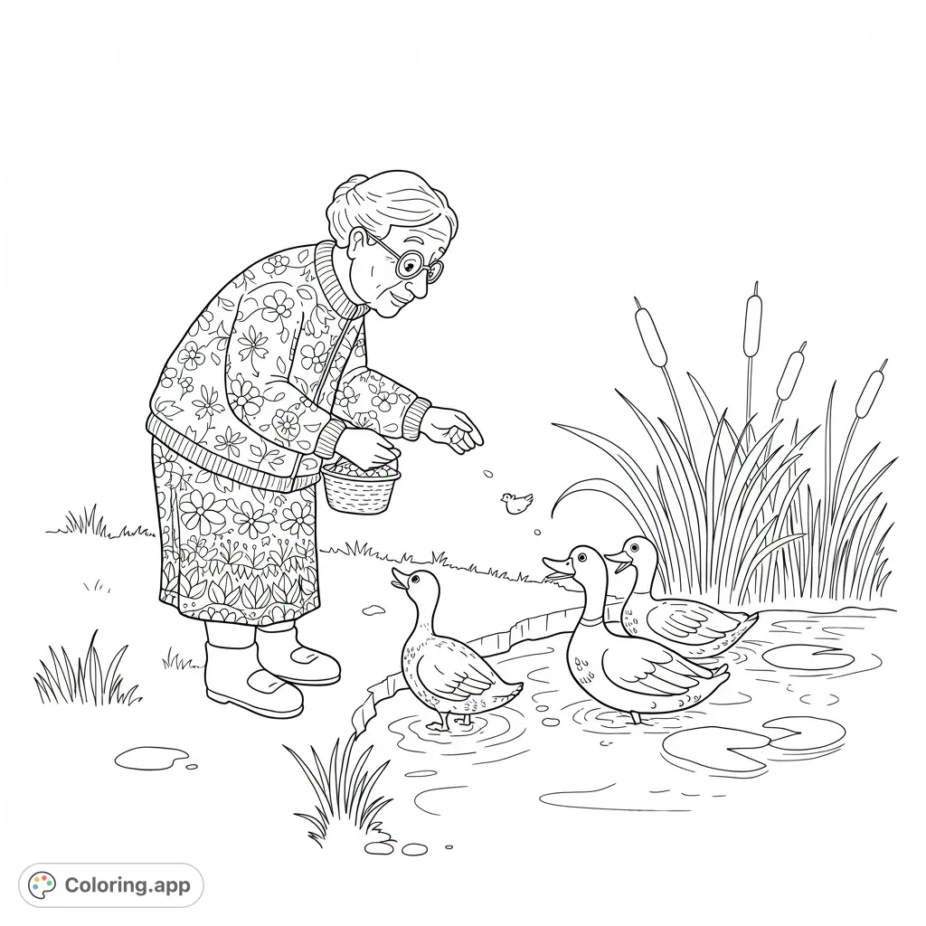A heartwarming scene of an elderly woman feeding ducks by a pond, featuring detailed patterns and natural elements. A delightful free printable coloring page.