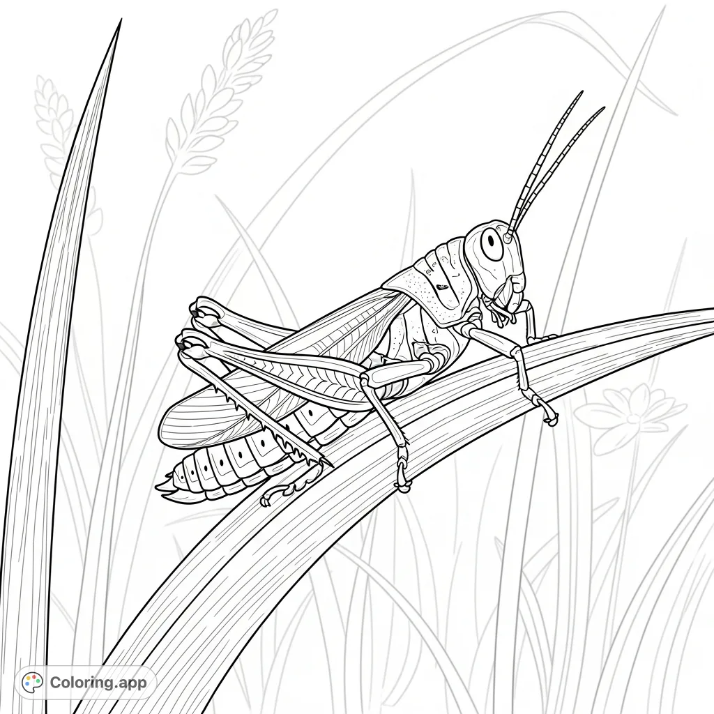 A detailed coloring page featuring a robust grasshopper perched thoughtfully on a slender blade of grass, surrounded by a gentle, natural setting.