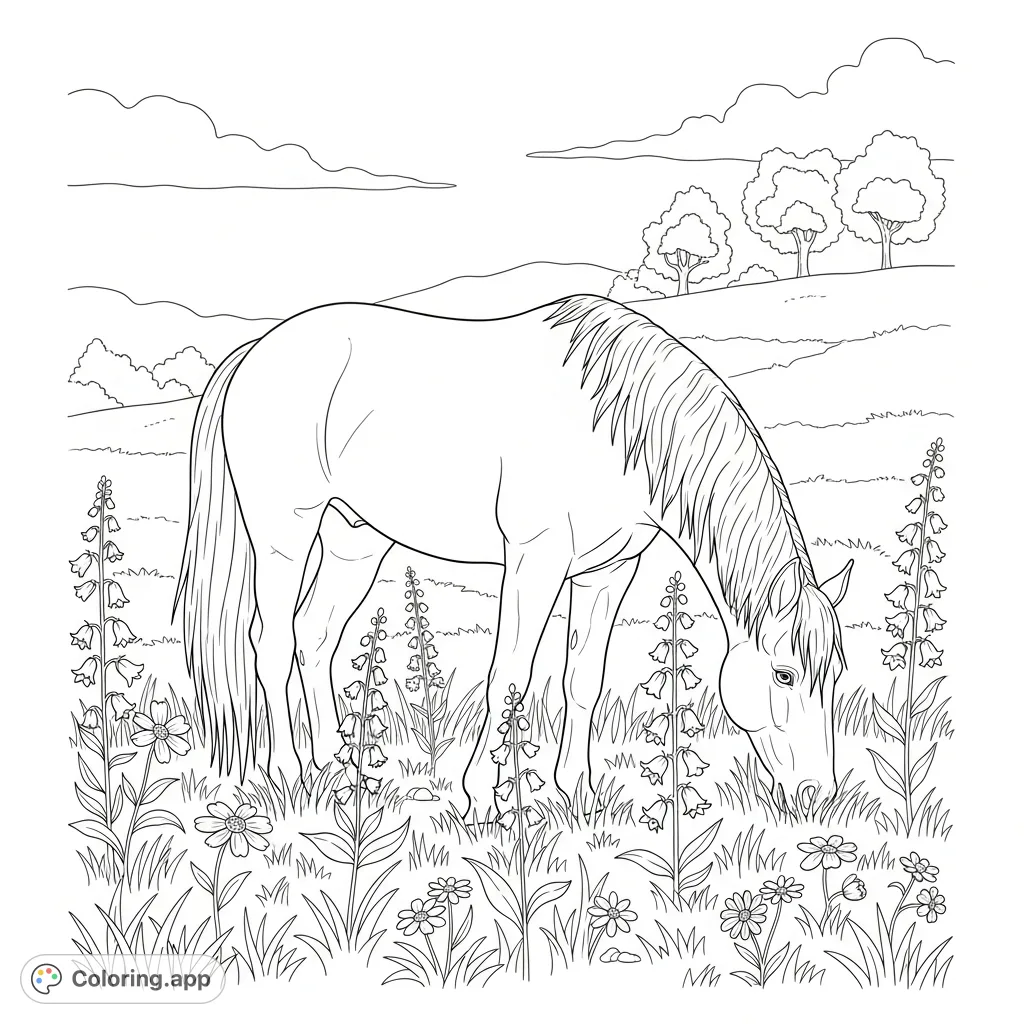 A serene coloring page featuring a horse grazing peacefully in a field filled with a variety of wildflowers, set against a tranquil natural backdrop.