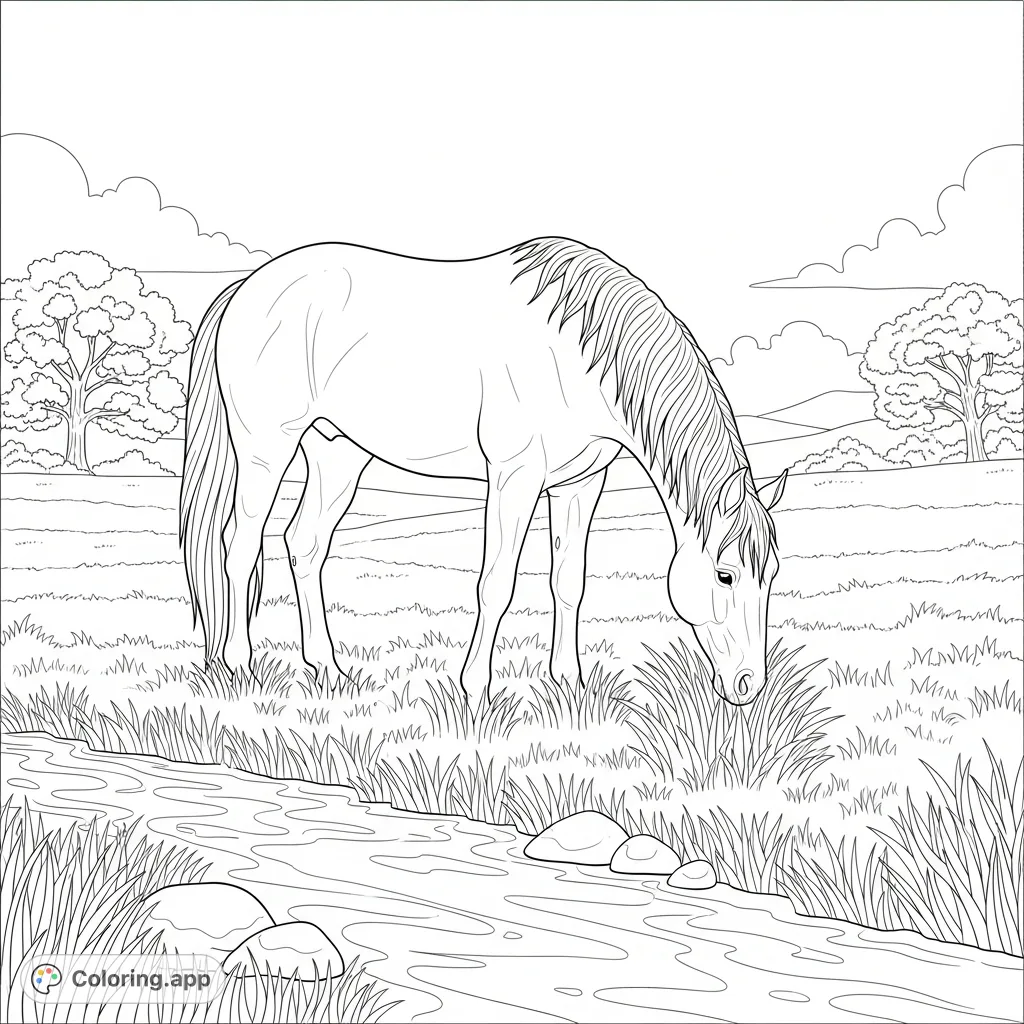 A serene coloring page featuring a graceful horse grazing by a clear stream in a peaceful meadow. Perfect for nature and animal lovers.