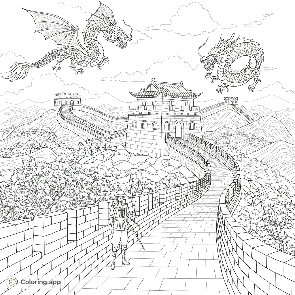 An epic Great Wall of China scene with two majestic dragons soaring above and a vigilant guard, offering a challenging and rewarding coloring experience.