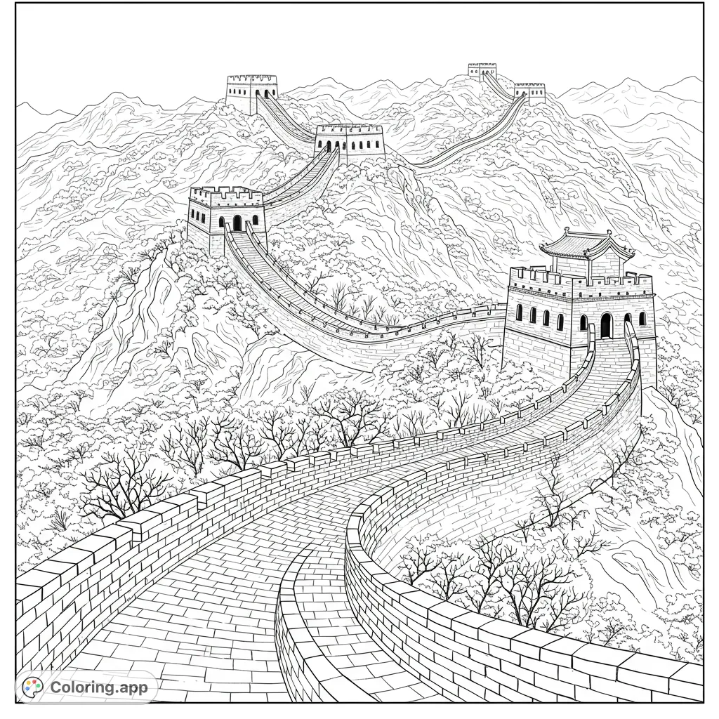 Explore the majestic Great Wall of China winding through mountains. A detailed, free printable historical landmark coloring page for all ages.