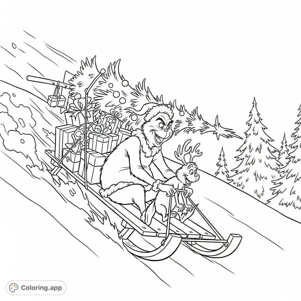 Experience the hilarious chaos of The Grinch and Max on a wild downhill sled ride, overloaded with presents and a Christmas tree. A festive, fun scene!