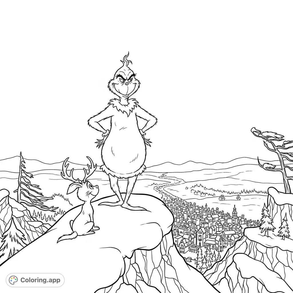 Experience the classic scene of the Grinch and Max observing Whoville from Mount Crumpit. A festive, nostalgic coloring page.