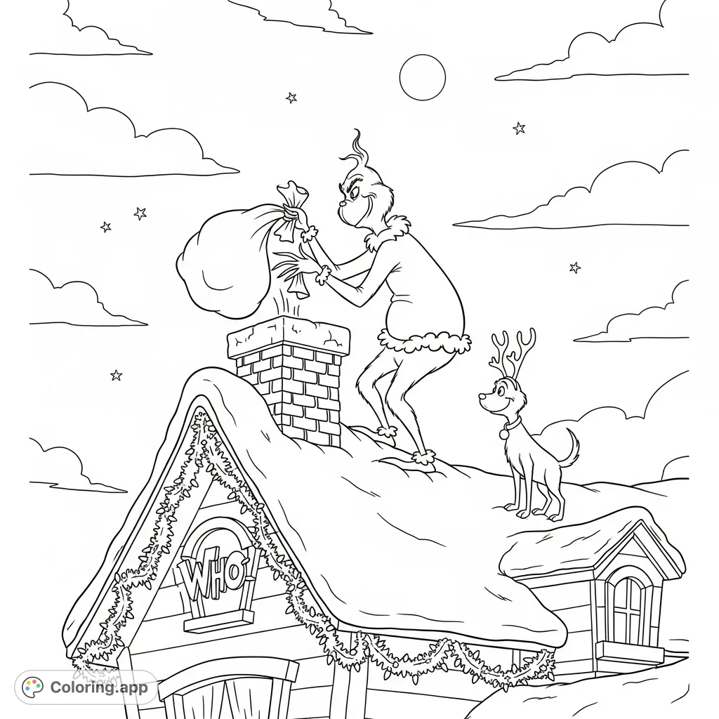 Capture The Grinch's mischievous holiday heist! He's on a snowy Who-house rooftop, sack in hand, with Max and a festive garland nearby.