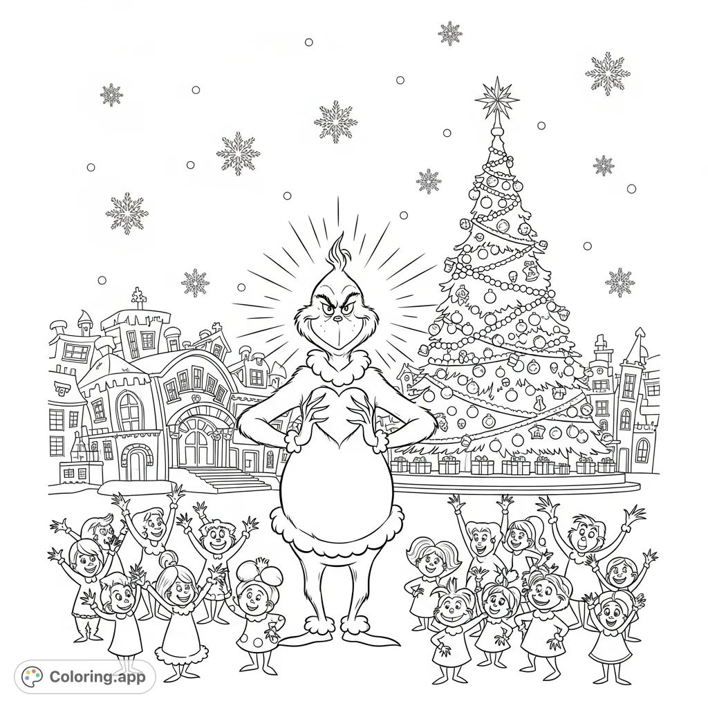 Join the Grinch and the Whos in a heartwarming Whoville celebration! This festive coloring page captures joy, community, and the spirit of the holidays.
