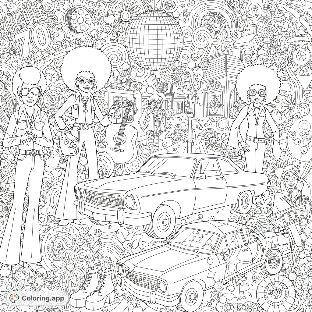 Dive into a vibrant 70s disco coloring page featuring groovy characters, classic cars, and a dazzling disco ball amidst intricate psychedelic patterns.