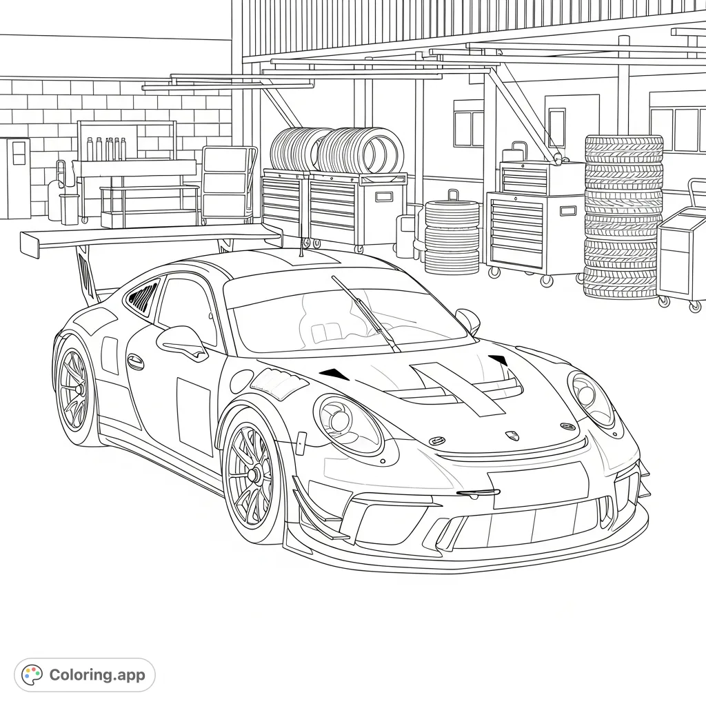 Color a powerful GT3 Cup-inspired race car in the pit lane, featuring simplified sponsor shapes and a detailed background with racing equipment.