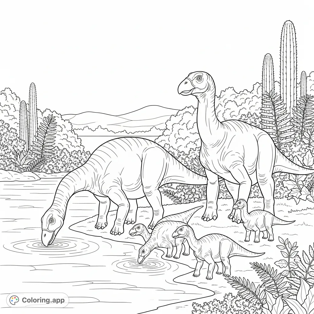 A prehistoric family scene featuring two adult hadrosaurs and two juveniles drinking from a calm lake, surrounded by ancient flora.