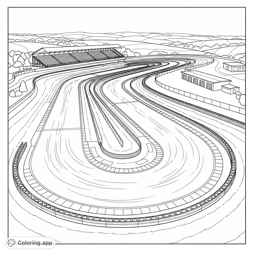 An intricate, aerial view of a dramatic race track hairpin curve with emphasized curbing and a detailed background, perfect for motorsport enthusiasts.