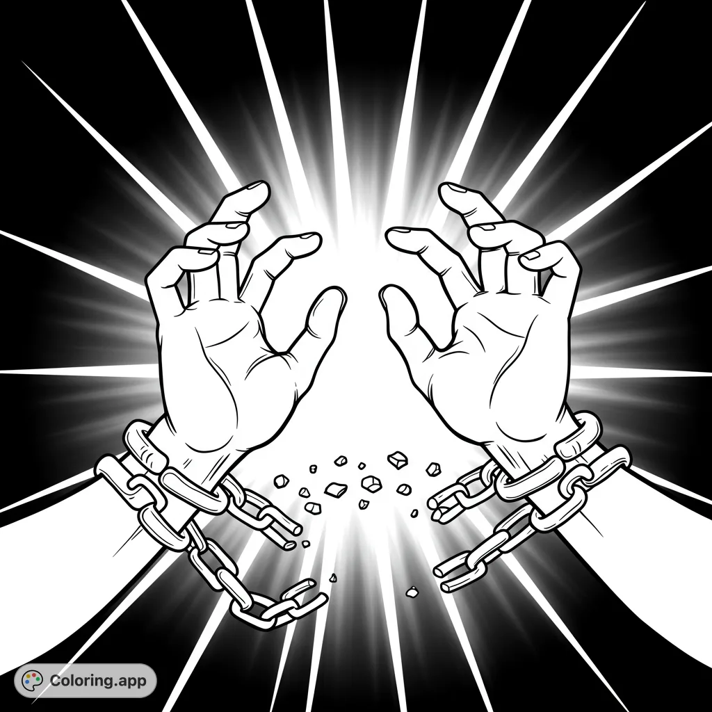 Dynamic freedom coloring page featuring hands breaking chains amidst a powerful burst. A free printable coloring page for all ages.