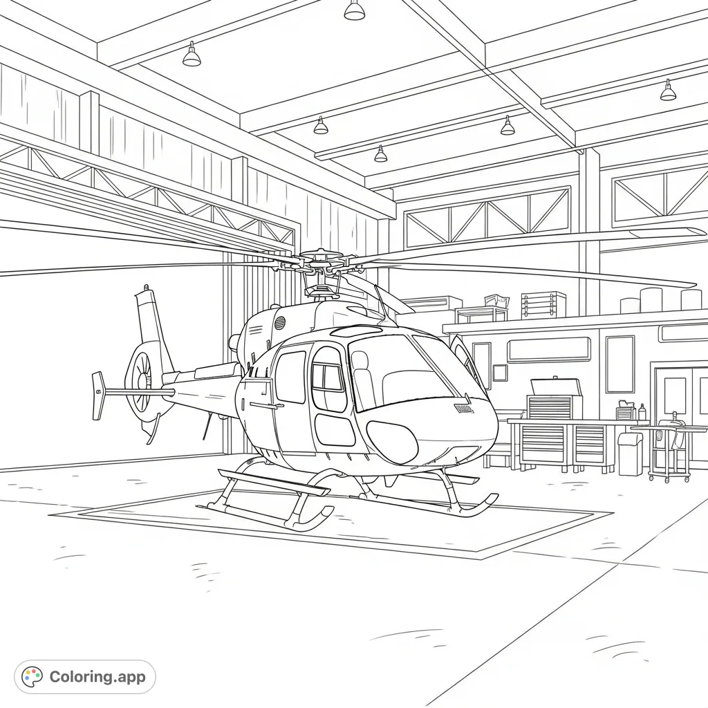 Color a detailed helicopter inside a spacious hangar, surrounded by simplified tools and gear. A fascinating scene for aviation enthusiasts of all ages to enjoy.