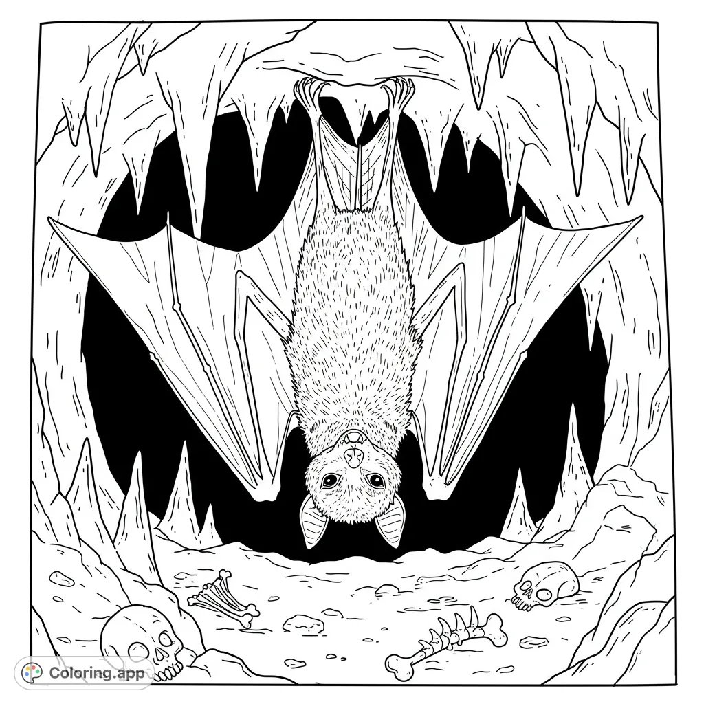 A detailed bat hangs upside down in a spooky cave, surrounded by jagged rocks and scattered bones. A free printable bat cave coloring page.