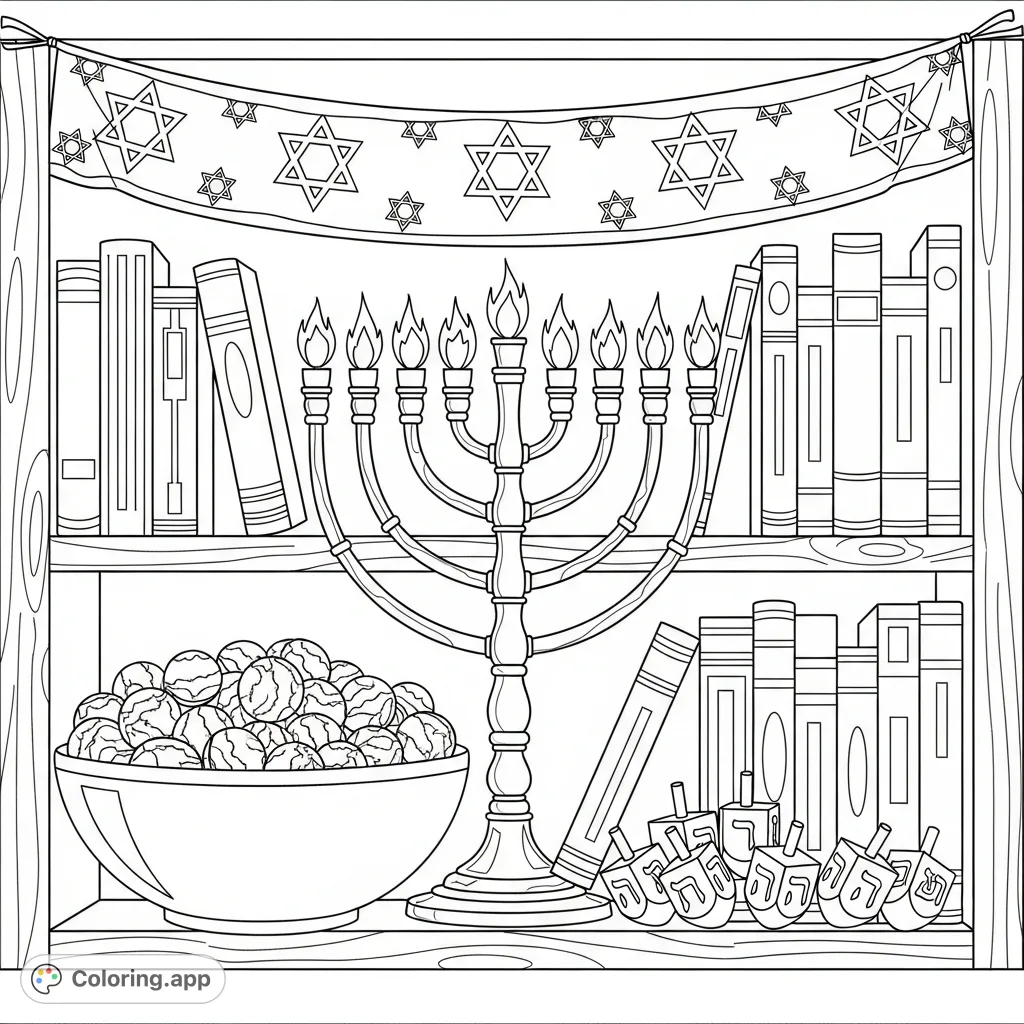 A festive Hannukah bookshelf with a prominent menorah, books, a Star of David banner, gelt, and dreidels. Celebrate the holiday with this charming scene.