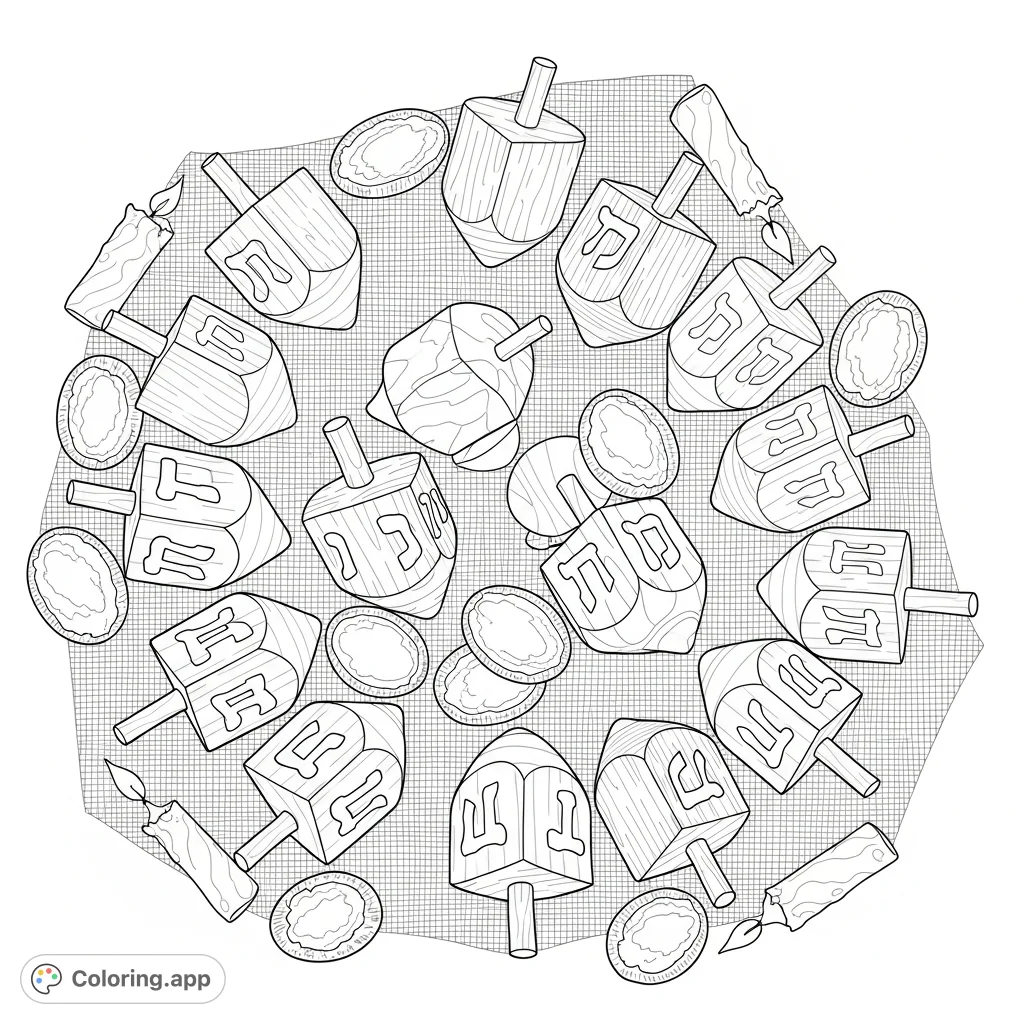 A festive Hanukkah dreidel coloring page featuring a collection of diverse dreidels, chocolate coins, and candles arranged in a playful spiral on textured fabric.