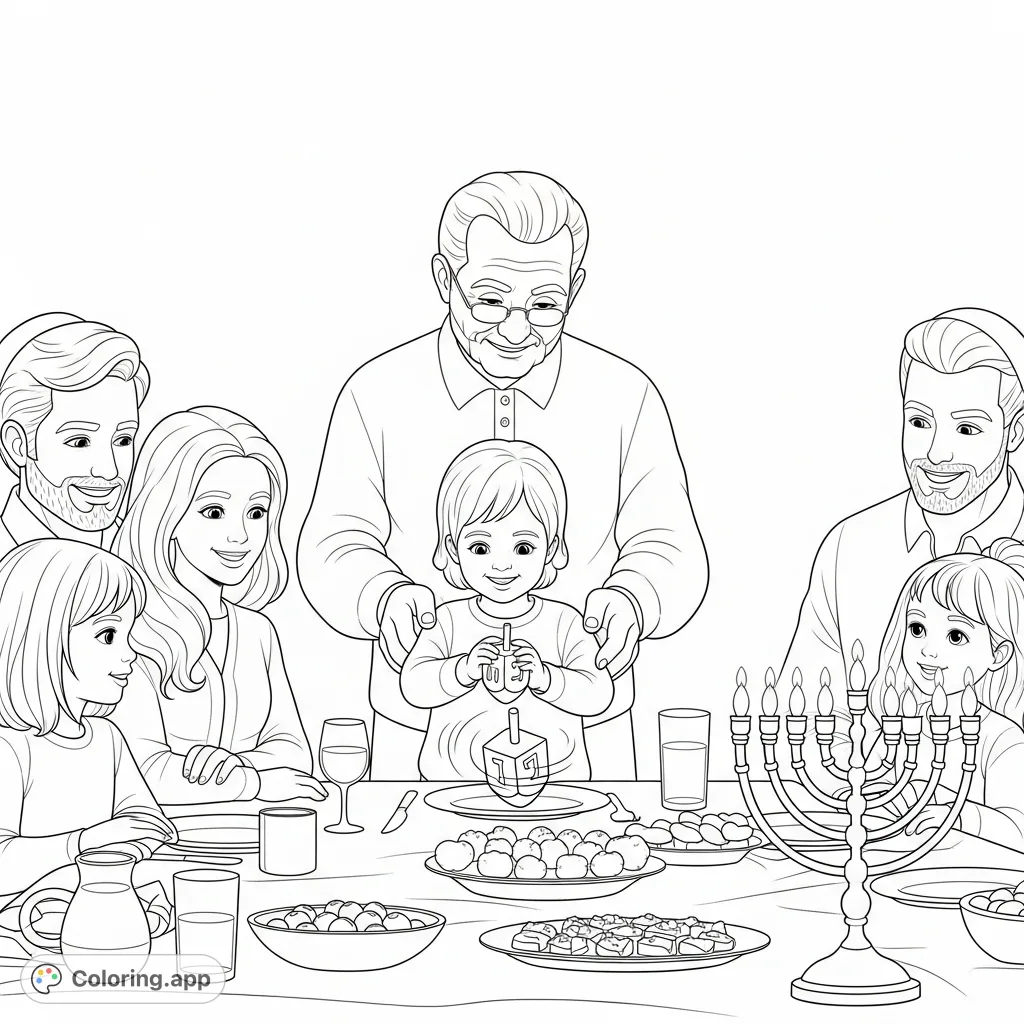 Capture a heartwarming Hanukkah scene: a grandparent teaching a child to spin a dreidel, surrounded by a smiling family and a glowing menorah at a festive dinner.