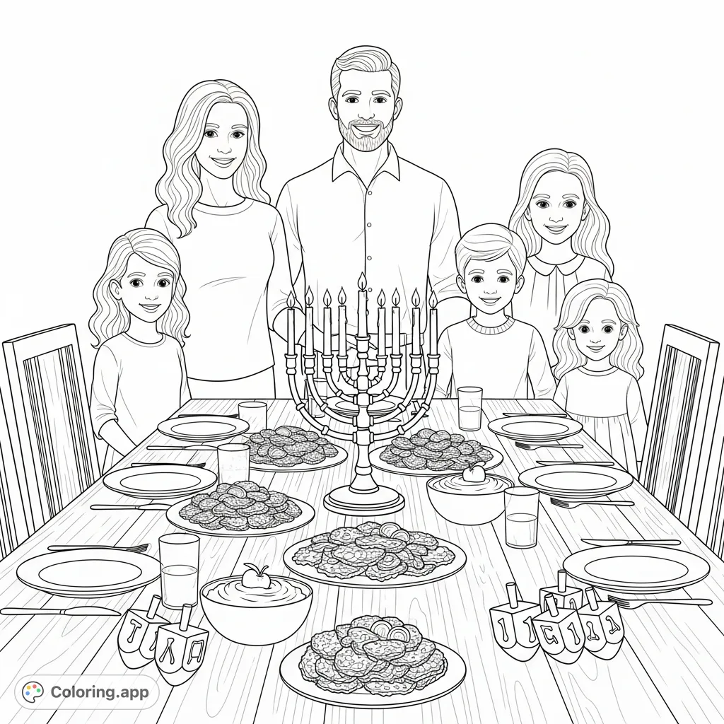 A heartwarming Hanukkah family dinner scene, featuring a lit menorah, delicious latkes, and dreidels, all set on a polished dining table. Perfect for a festive coloring experience.