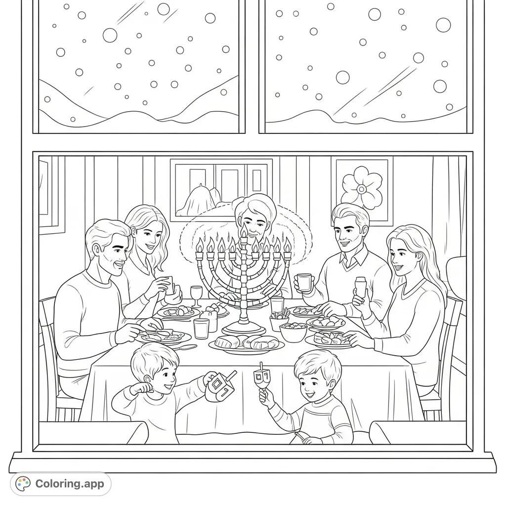 A heartwarming Hanukkah family dinner, featuring a menorah, dreidel, and gentle snowfall outside. Perfect for capturing holiday warmth.