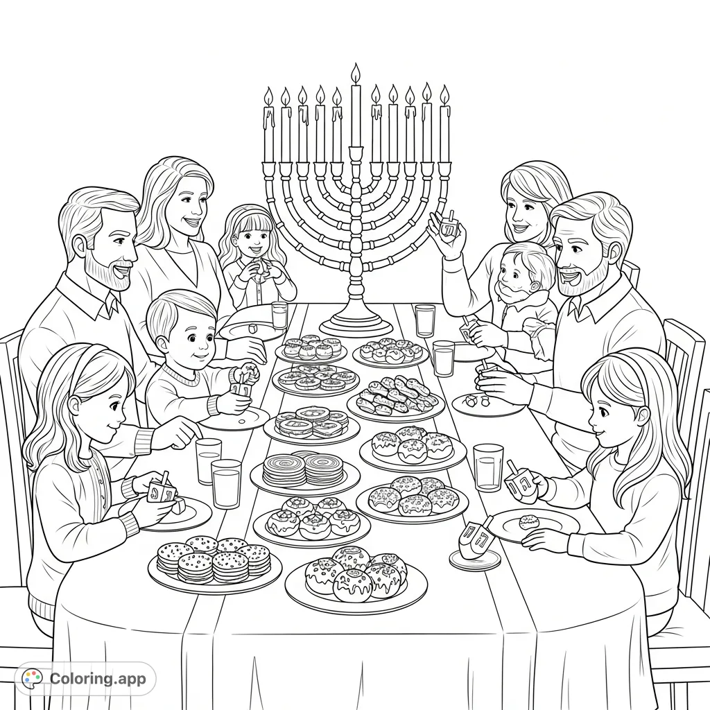 Celebrate the warmth of Hanukkah with this multi-generational family gathering. Features a menorah, dreidels, and traditional dishes for a festive scene.