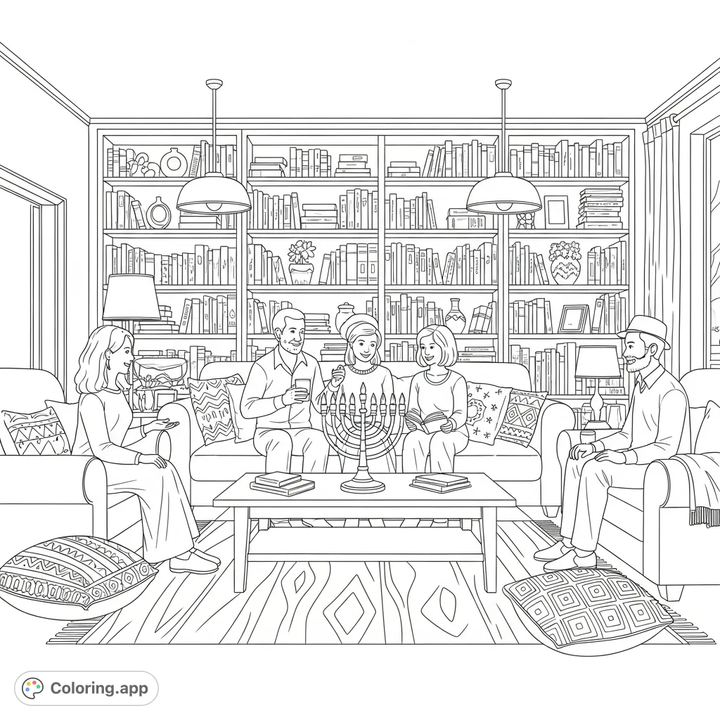Gather for a warm Hanukkah celebration. This free printable Hanukkah coloring page features family, a menorah, and a cozy living room, perfect for all ages.