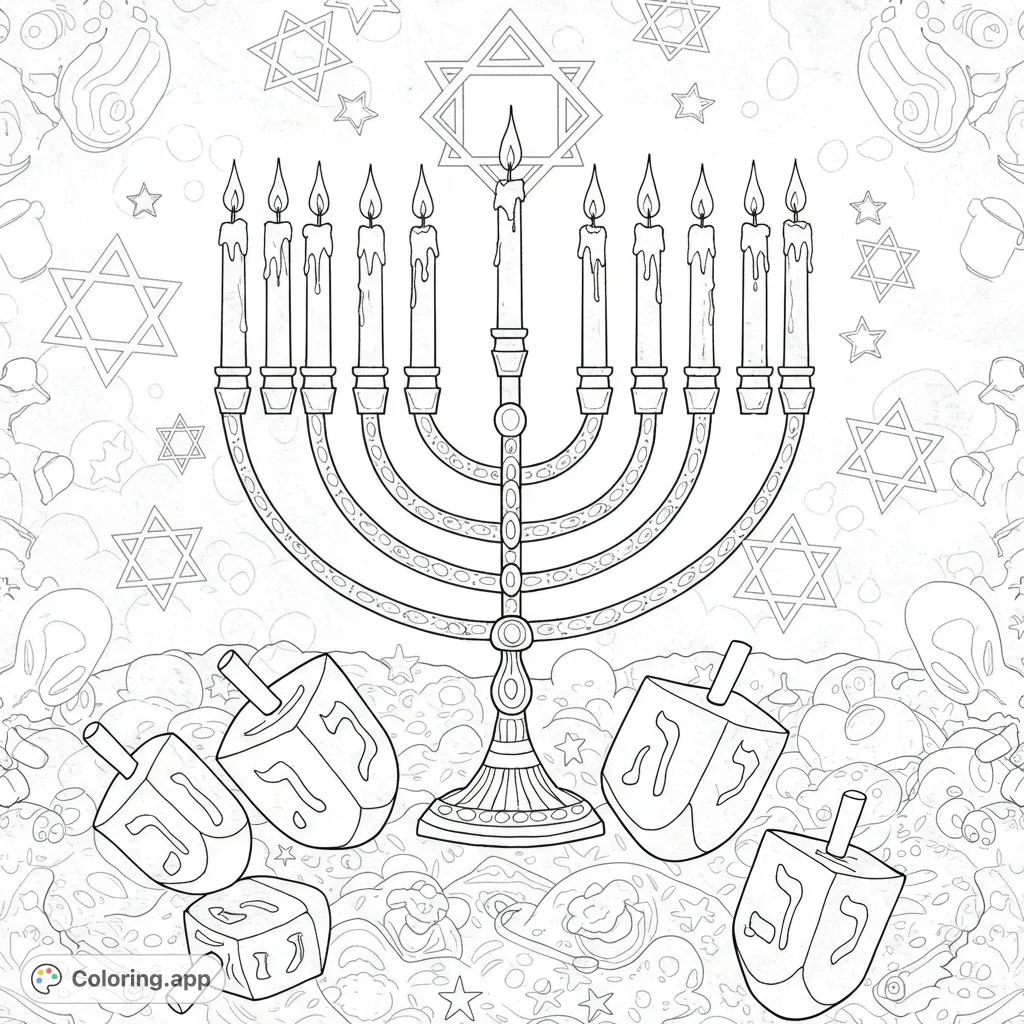 A festive Hanukkah coloring page featuring a grand menorah with lit candles and playful dreidels, surrounded by Stars of David and holiday symbols.