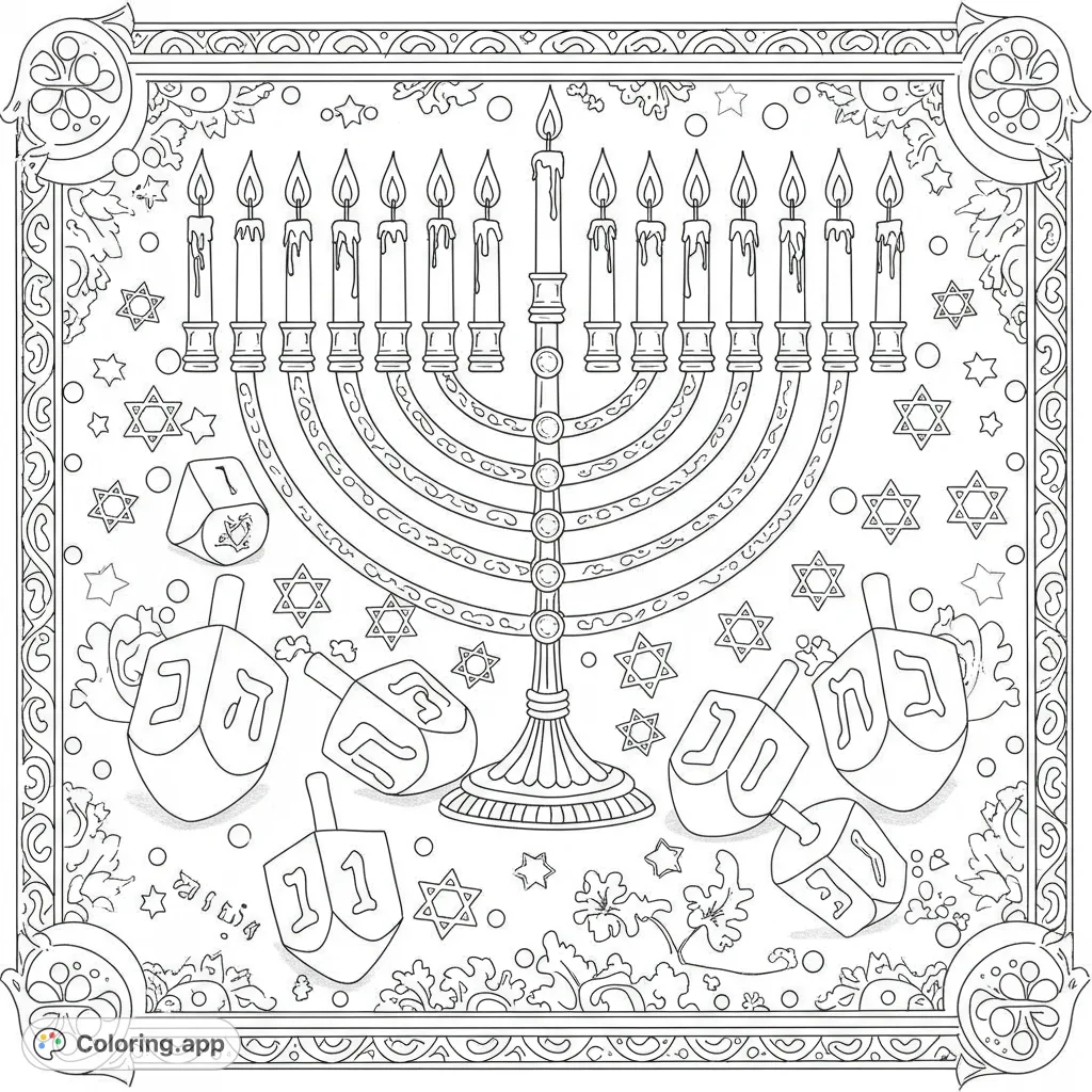 Celebrate Hanukkah with this intricate menorah and dreidels coloring page. Perfect for festive fun and creative expression for all ages.