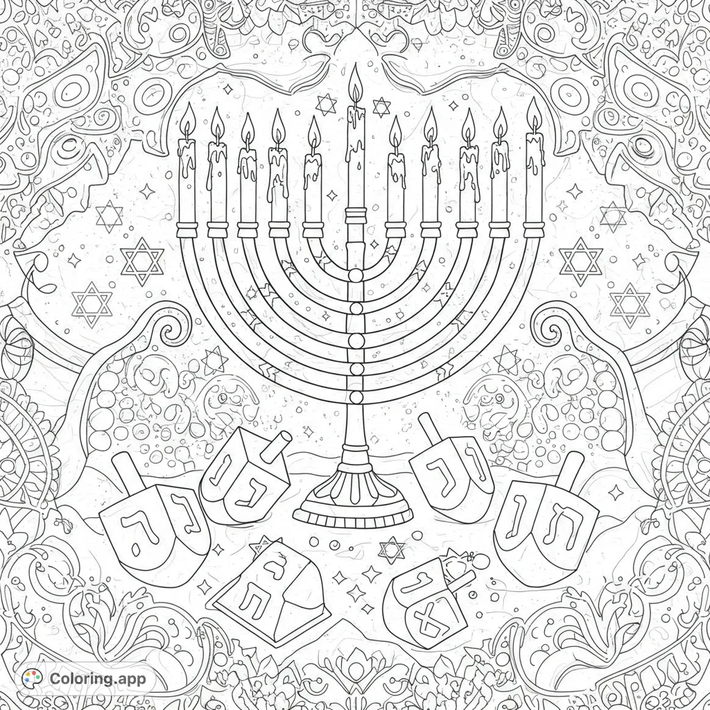 Celebrate Hanukkah with this intricate coloring page featuring a grand menorah, lit candles, and playful dreidels amidst detailed patterns. A free printable Hanukkah coloring page.
