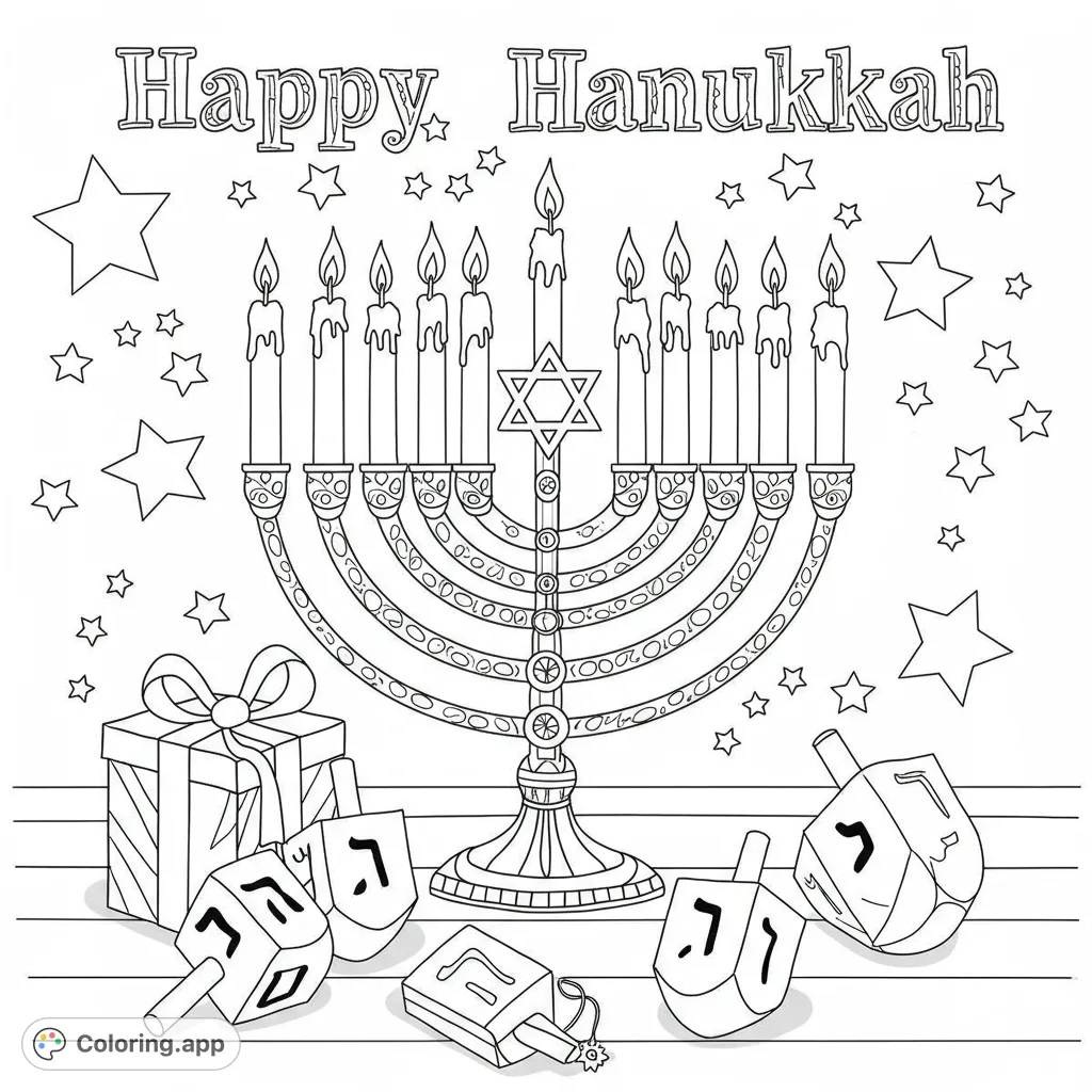 Celebrate Hanukkah with a detailed menorah, dreidels, and a gift, perfect for festive coloring. A free printable Hanukkah coloring page.