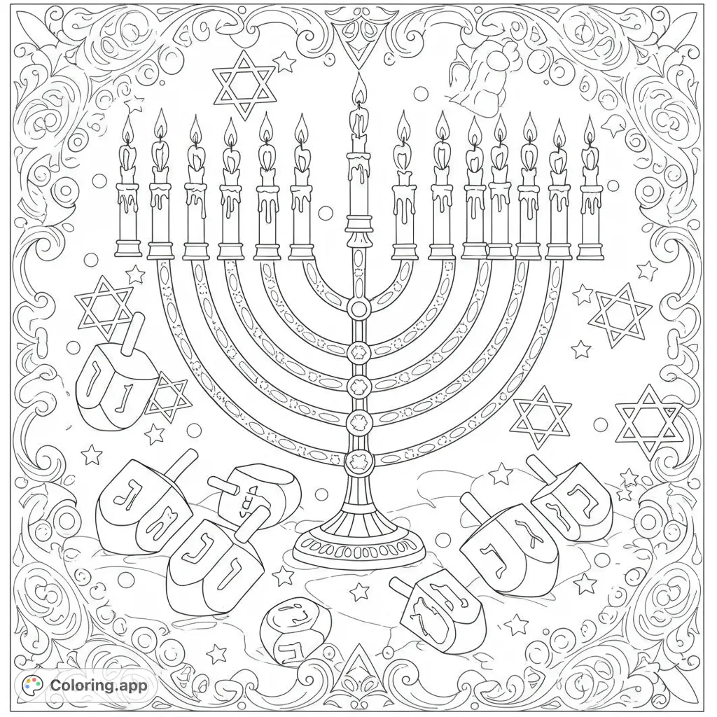 Celebrate Hanukkah with this intricate coloring page featuring a grand menorah, scattered dreidels, and Stars of David, all framed by an ornate border.